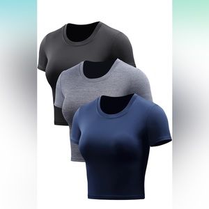 Women’s Workout Crop Tops Dry Fit Athletic Shirts Short Sleeve 3 Piece sz small